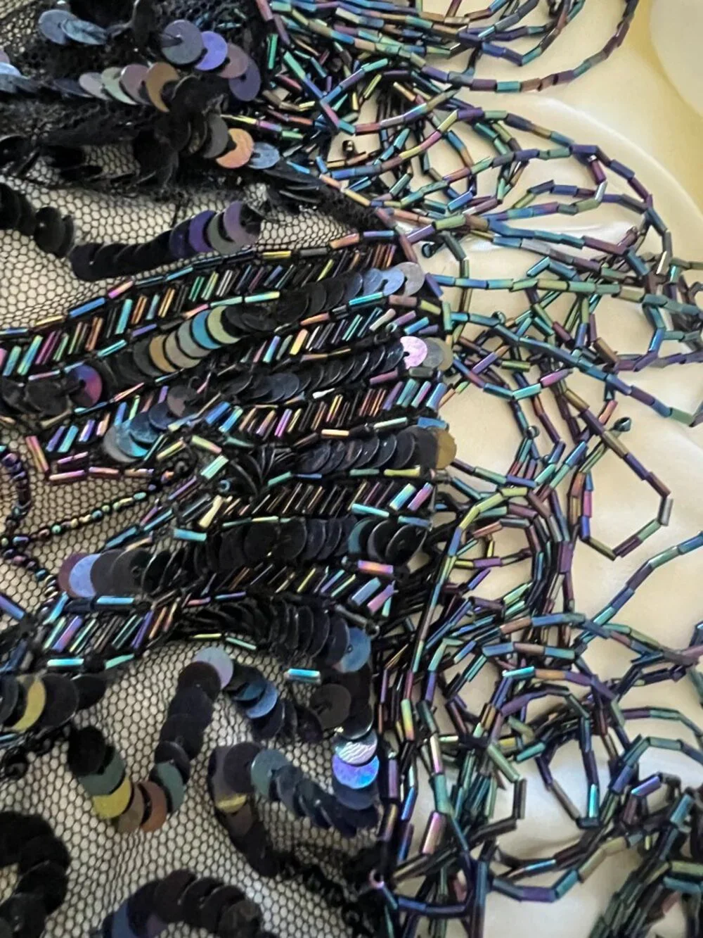 Vintage 80s iridescent Black Blue Beaded Sequin Fringe Capelet Shawl Holographic